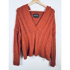Vintage Y2K American Eagle Small Hooded Cable Knit Crop Sweater Rust Brown